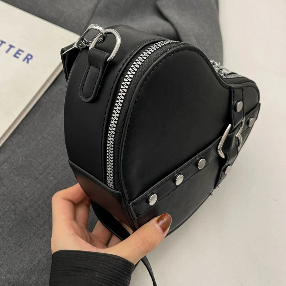 Women Heart Crossbody Bags PU Leather Small Heart Rivet Bag Solid Color Adjustable Strap Female Outdoor Bag