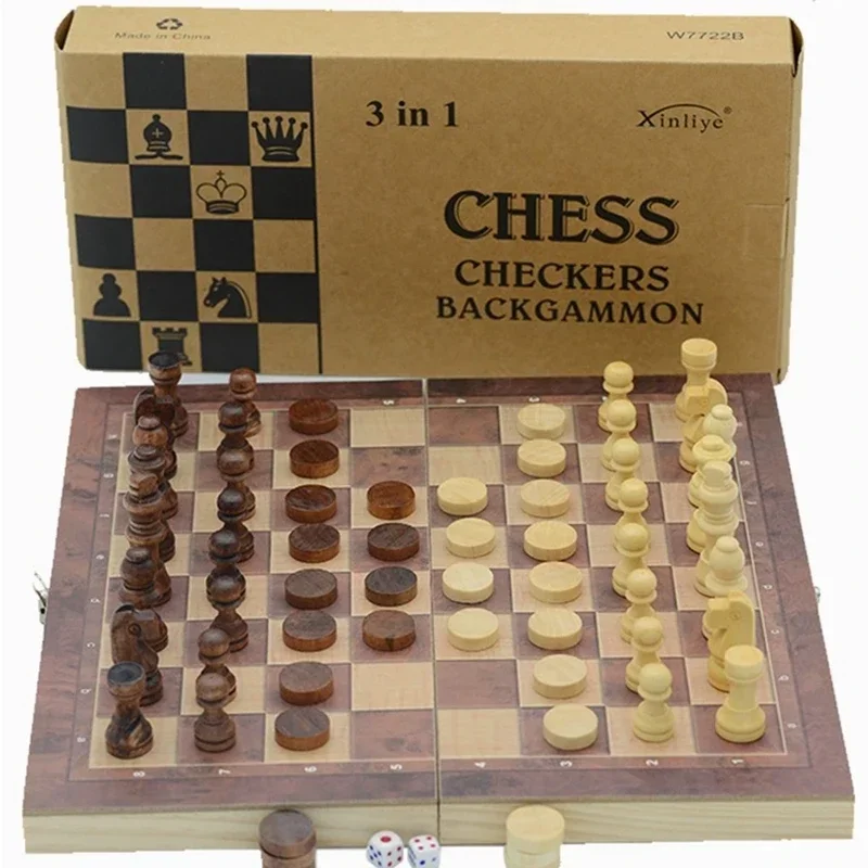 Folding Wooden Storage Box International Chess Set Backgammon Checkers Travel Games Board Draughts Mini Board Game