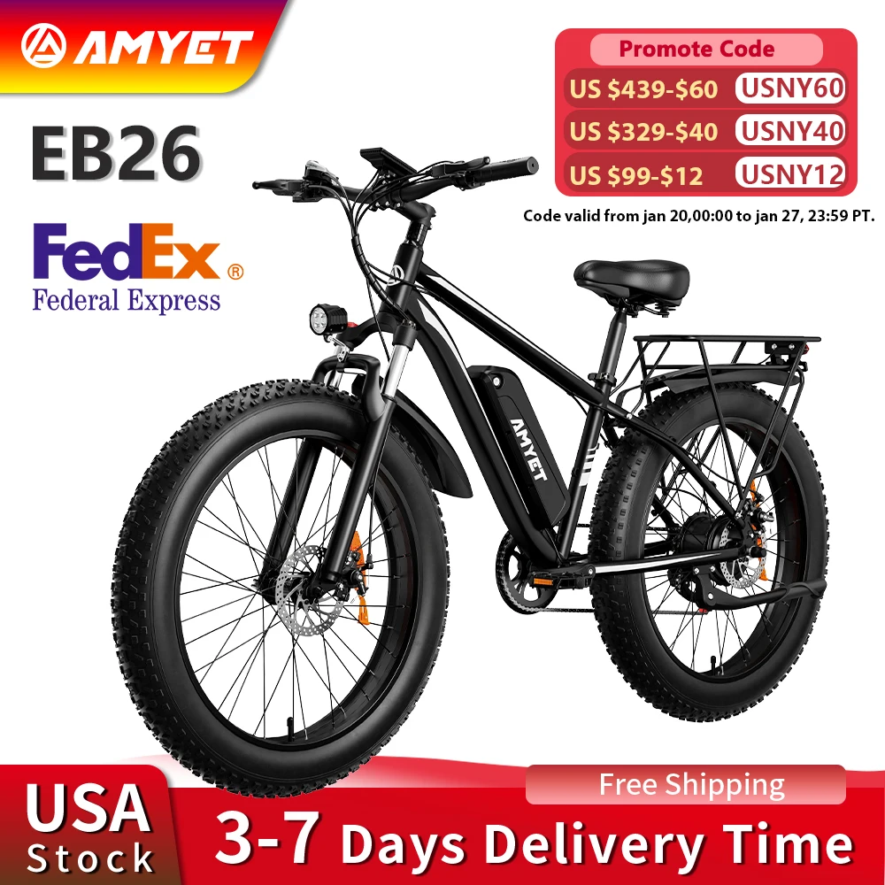 AMYET EB26 Electric Bike for Adults 1000W Electric Bicycle 48V 15AH E Bike 26" Fat Tire Mountain 31mph Dual Shock Absorber Ebike 1
