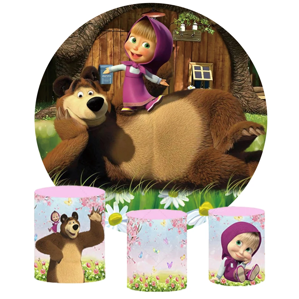 

Masha And The Bear Round Backdrop Background For Photography Cylinder Covers Baby Shower Birthday Party Kids Props Poster Banner