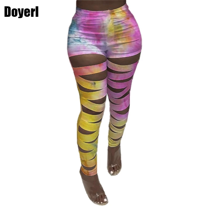 

Tie Dye High Waist Skinny Pencil Pants Women Trousers Summer Stretch Slim Hollow Out Bandage Pants Leggings Club Sexy Pants 2022