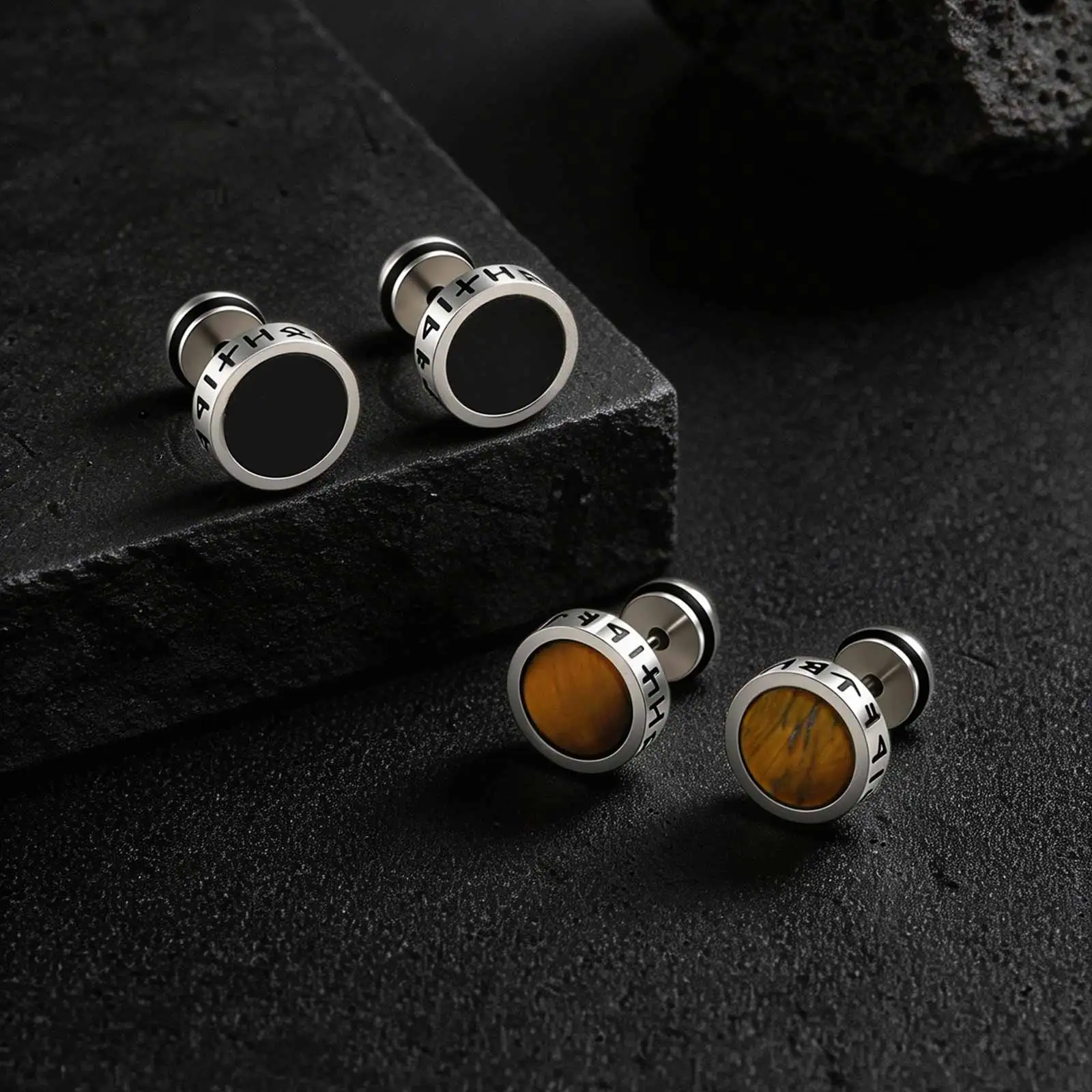 Vintage Gothic Norse Viking Stud Earrings for Men Boys, Rock Punk Runes Round Earrings, Fashion Piercing Jewelry Gift image 12