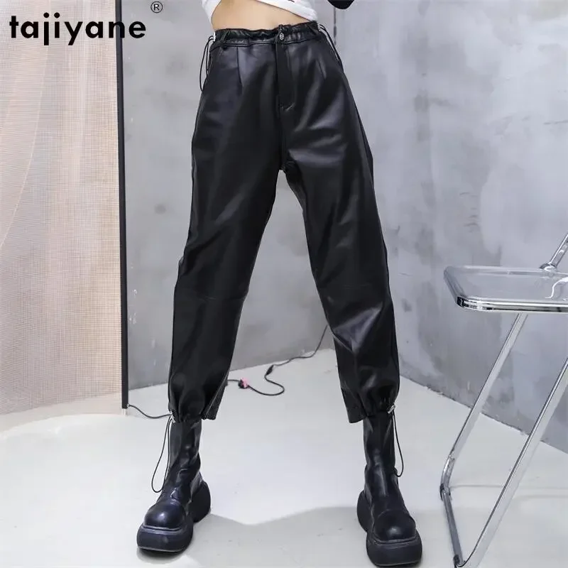 

Tajiyane Genuine Sheepskin Leather Pants Women Spring Fall Elastic Waist Wide Leg Pants Women Trousers Calf-length Streetwear