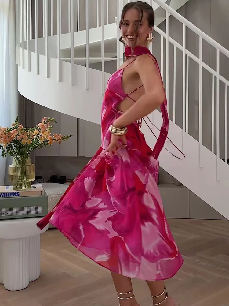 TFMLN Summer Women Romantic Scarf Midi Dress Female Sexy V Neck Backless Slim Printed Sling Dress Fashion Elegant Vacation