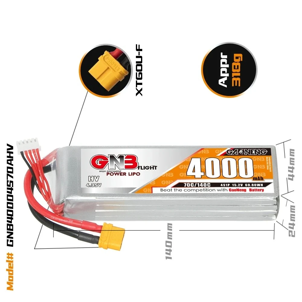 Connecteurs XT90 dorés de la batterie LiPo 4500mAh 4S XT90 pour Drone FPV Micro, câbles silicone rouges et noirs.