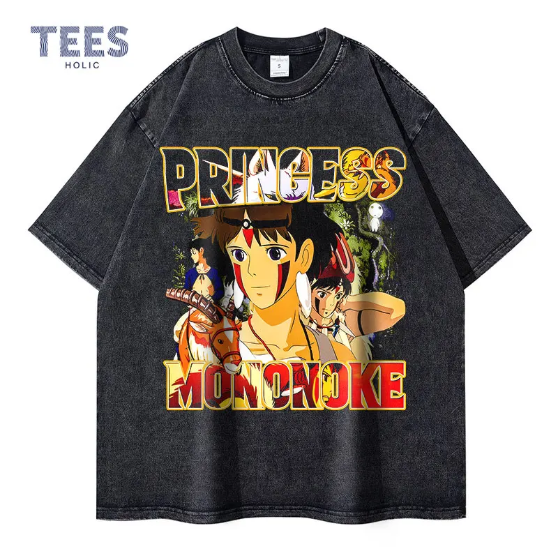 

San T-shirts Vintage Washed Anime Princess Mononoke T Shirt Streetwear Manga Mononoke Hime Short Sleeve Tops Tees 100% Cotton