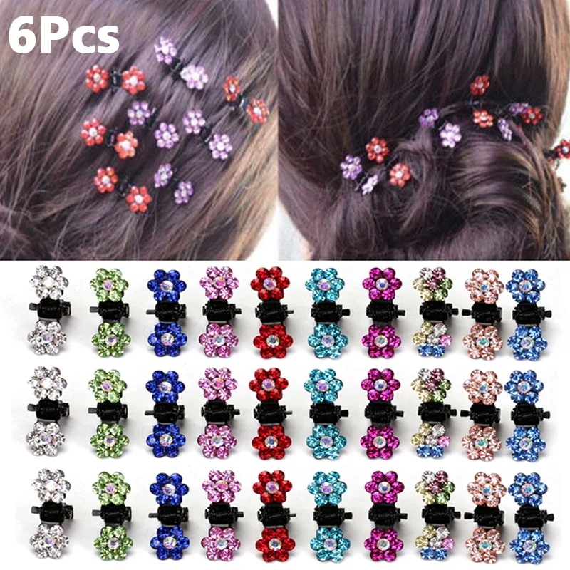 6Pcs Mini Hair Clips No-Slip Clips Rhinestone Hair Metal Clamps Mix Colored Flower Accessories for Women Girls