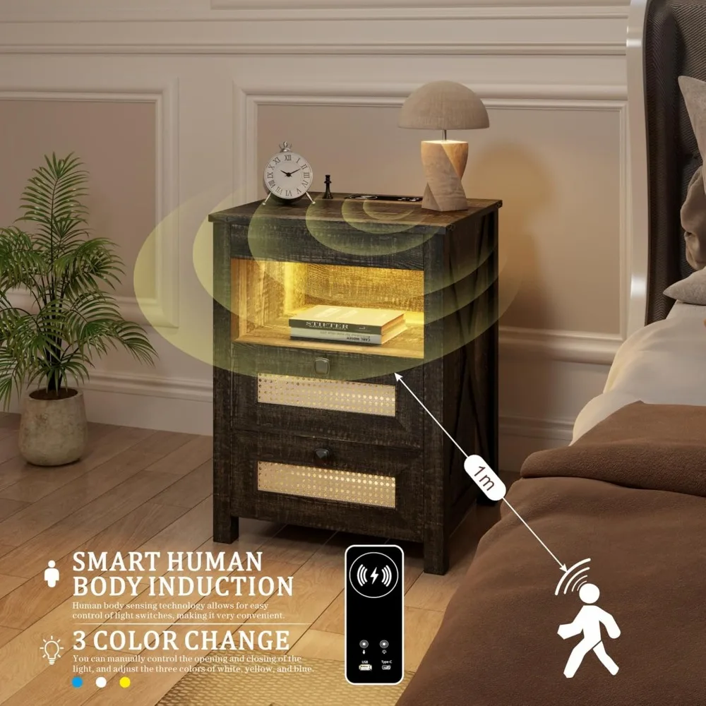 Stand Set 2 with Gun Drawer, with Charging Station, LED with Human Sensor Light, Nightstands 5