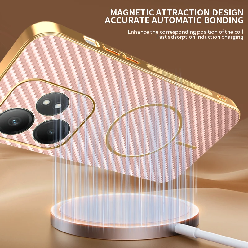 Premium Electroplating Leather Carbon Fiber Magnetic Ring Phone Case - Anti-Fall Protection