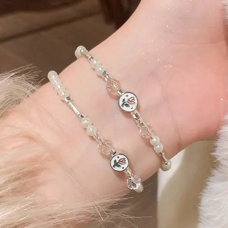 

PANJBJ 925 Sterling Silver Crystal Pearl Bracelet For Women Flower Tulip Temperament Sweet Romantic Jewelry Gift Dropshipping