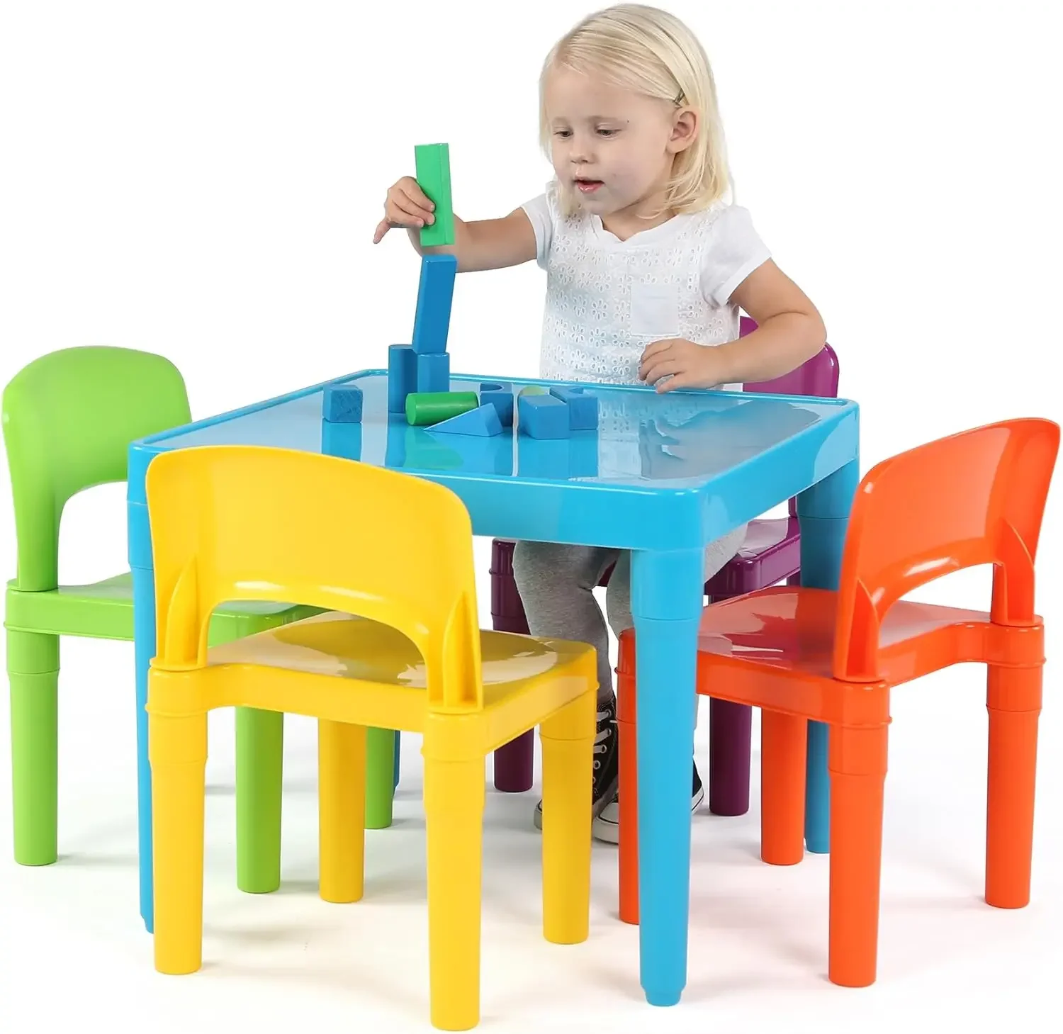 Crew, Blue Table & Red/Green/Yellow/Purple Kids Lightweight Plastic Table and 4 Chairs Set, Square