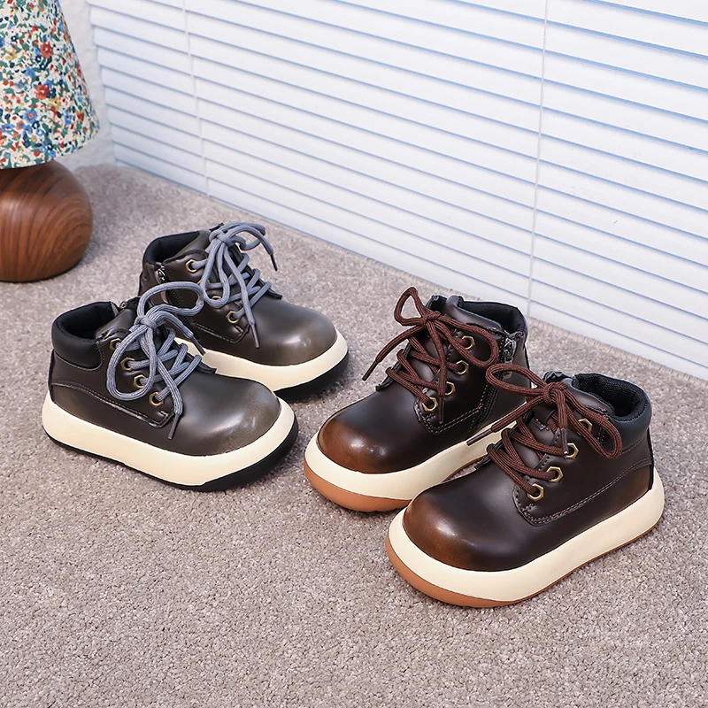 Leather Kids Ankle Boots Non Slip Thick Sole Autumn School Boots