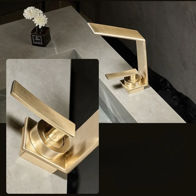 ร่วมสมัย Luxury Brushed Gold อ่างล้างหน้า Hot & Cold Water Mixer ก๊อกน้ําห้องน้ําอ่างล้างจานน้ําตก Spout ผสมอ่างล้างหน้าก๊อกโลหะ 4