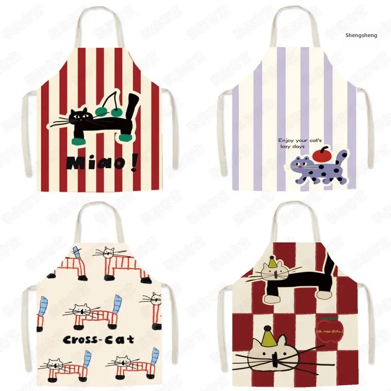 Cute Cat Linen Apron Sleeveless Cooking Workwear Child Parent Matching Kitchen Gown Four Season Style Feed Coverall