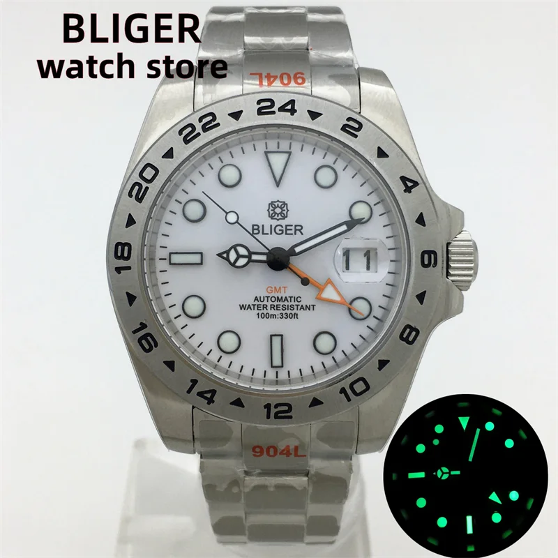 

BLIGER 40mm/43mm Japan NH34 GMT Men's mechanical watch green luminous white dial sapphire glass stainless steel Oyster strap