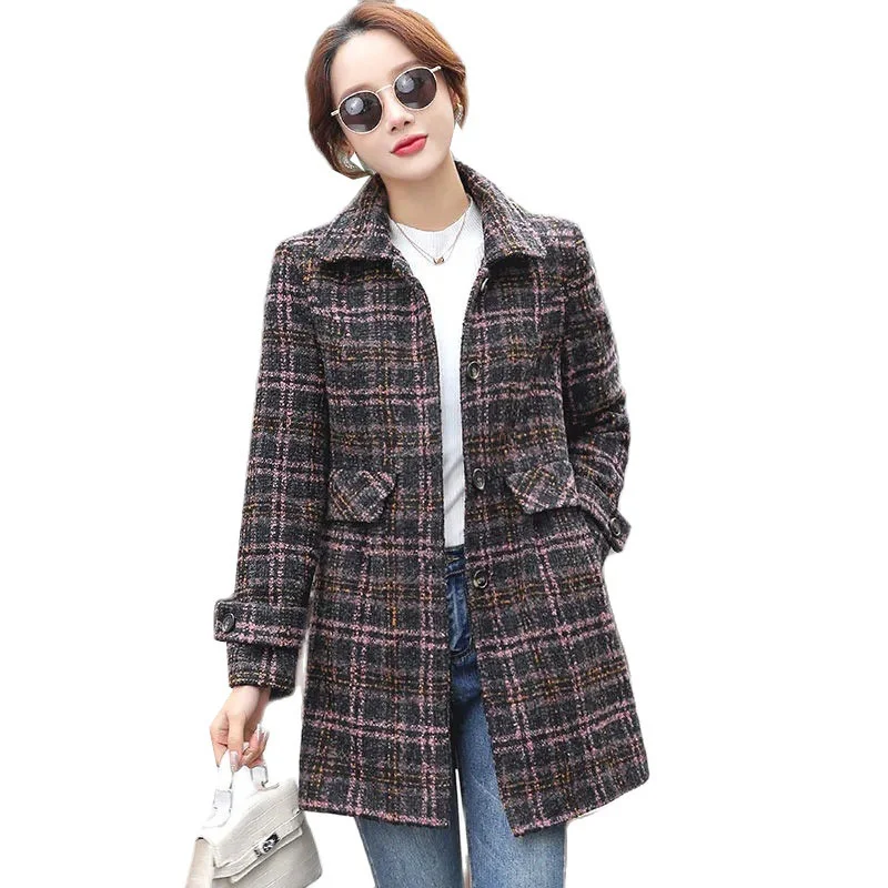 

Lattice Woolen Coat Women's 2022 New Autumn Winter Fashion Mid-Length Lapel Single-Breasted Woolen Coat Ladies Woolen Outerwear