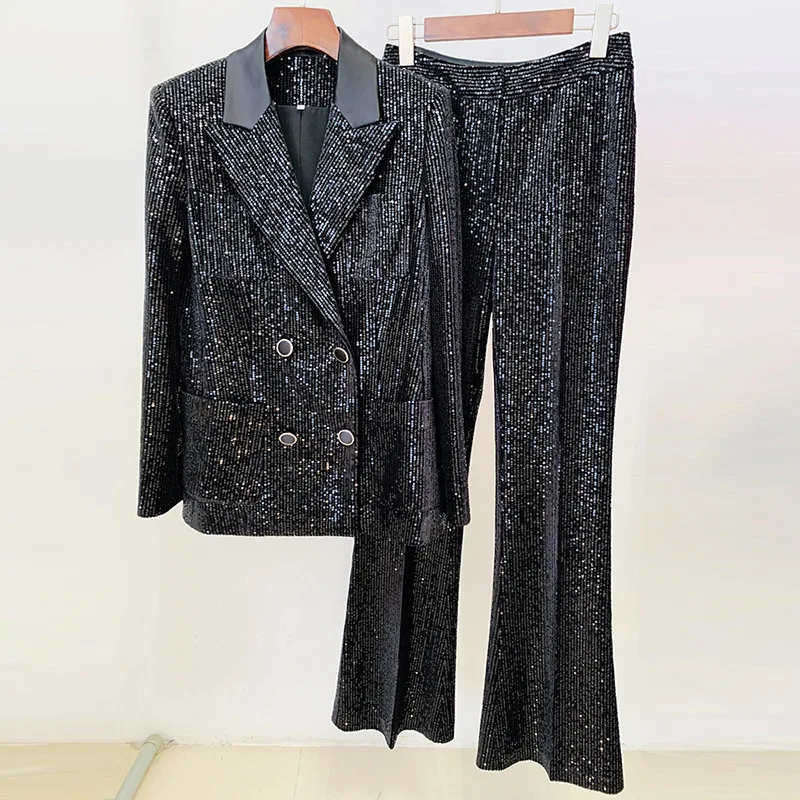 Tesco Fashion Black Women Suit Sequins Blazer And Flare Pants Sets Double Breasted Jacket Pantsuit For Evening Party Outfits