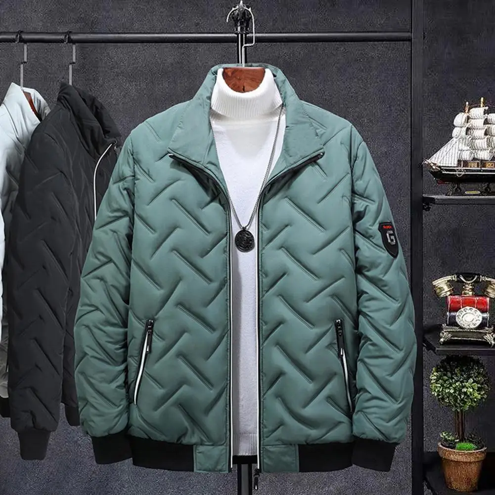 Men Cotton Padded Jacket T Pattern Stand Collar Solid Color Coldproof Pockets Coat Ribbing Bottom Pockets Jacket Streetwear