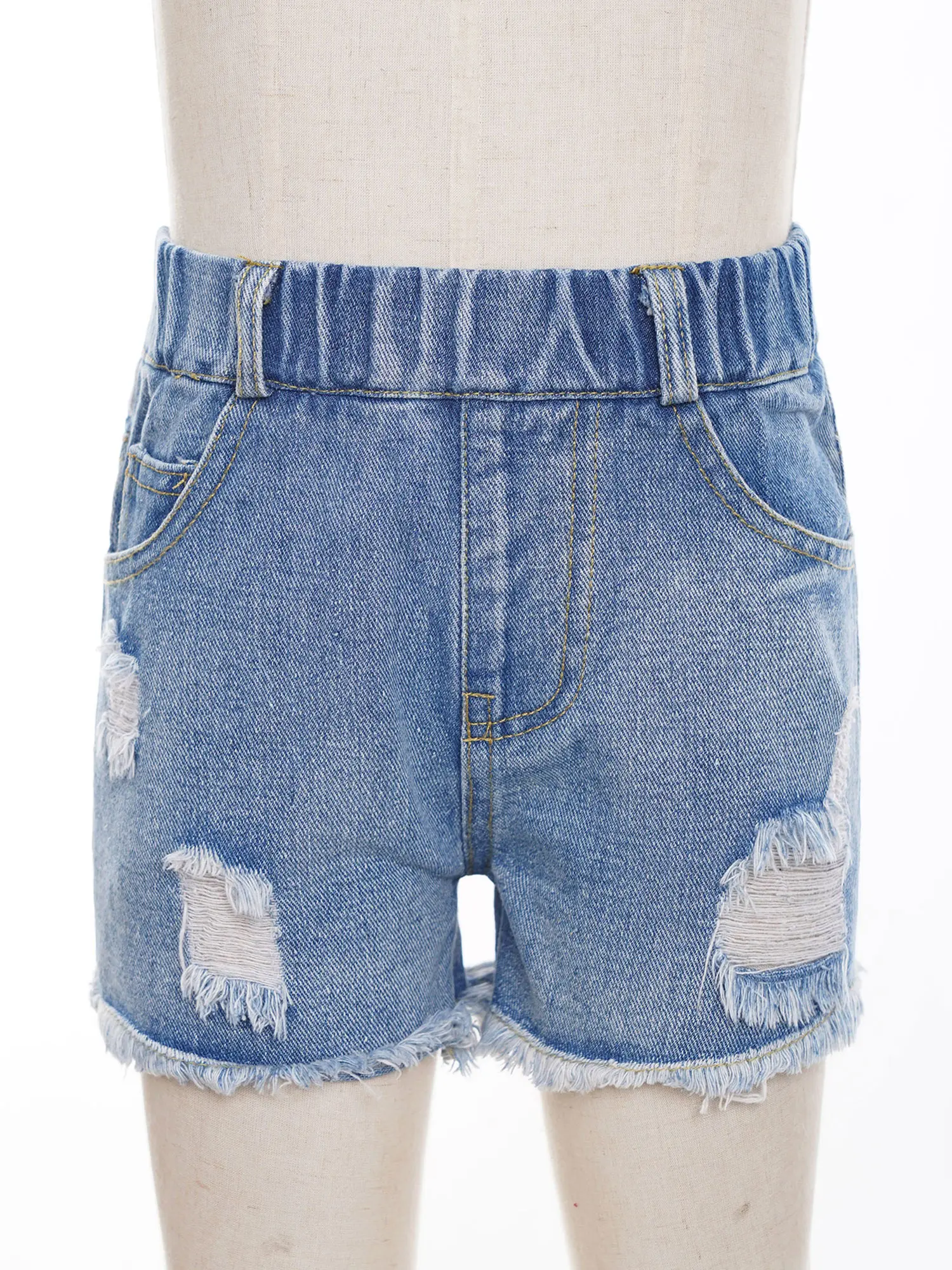 New Kids Girls Shorts Summer Denim Cotton Jeans Pants Elastic Waist Burr Ripped Shorts Children Casual School Versatile Shorts