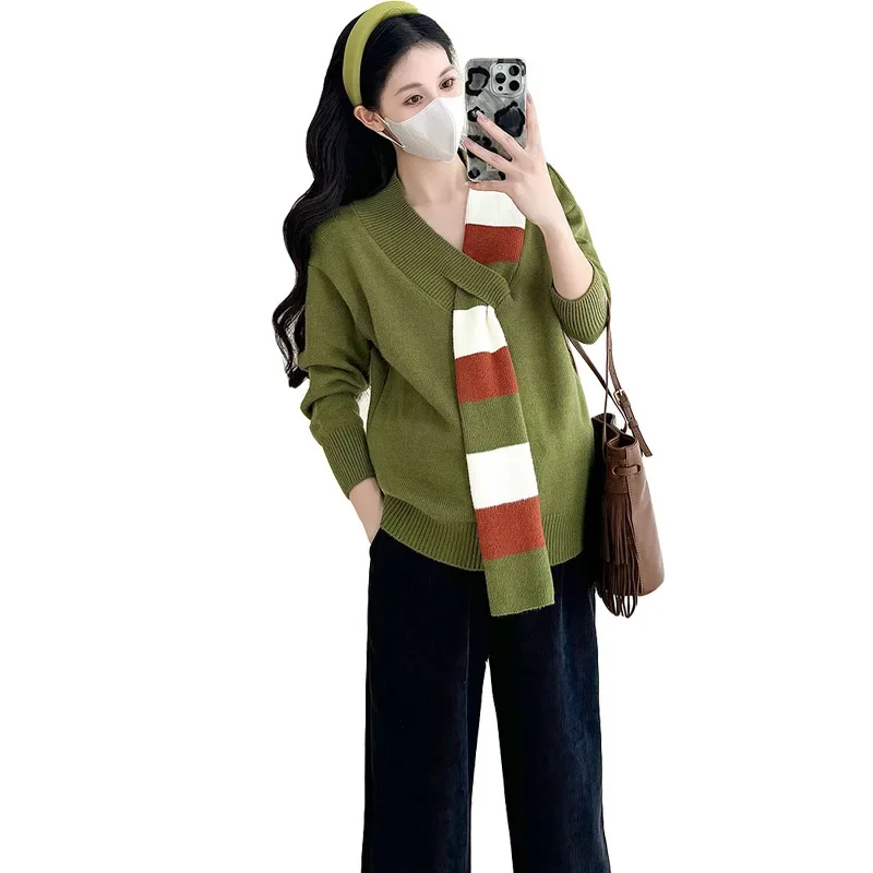 Trendy Mom Knitted Sweater V-Neck Design Sensation+Black Straight Leg Pants Autumn Winter Korean Lazy Style Set AE Stock