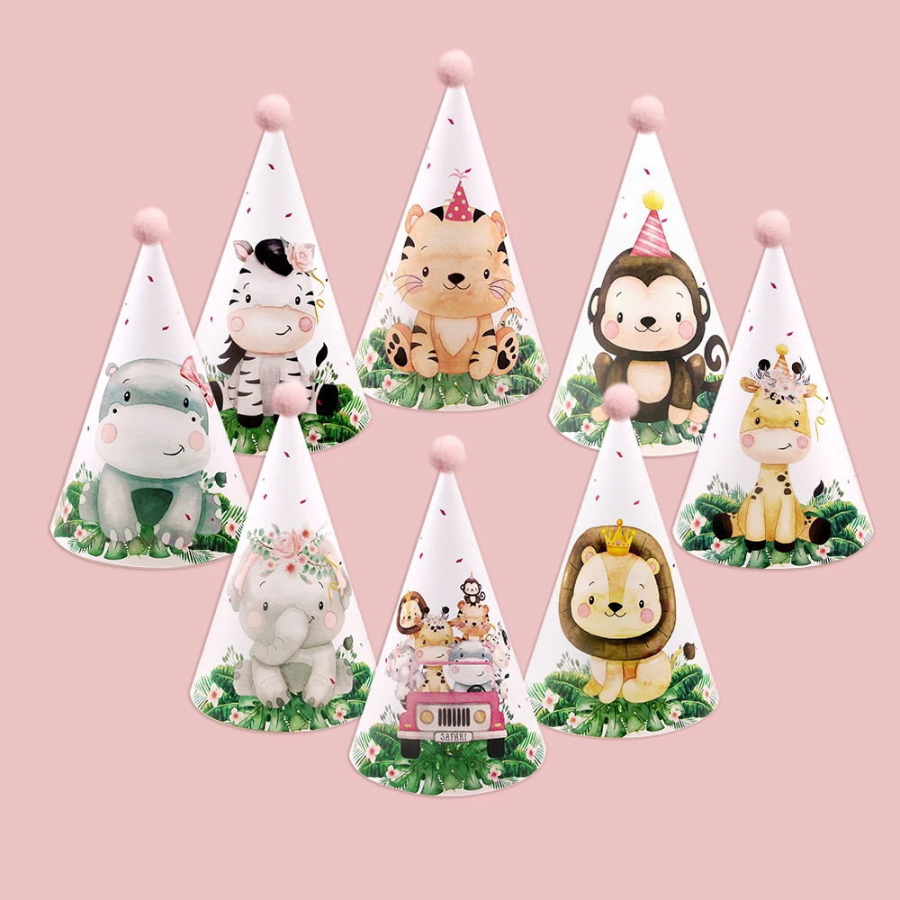 8pcs Wild Animal Paper Party Hats For Kids Jungle Forest Birthday Baby Shower Party DIY Decoration Home Supplies