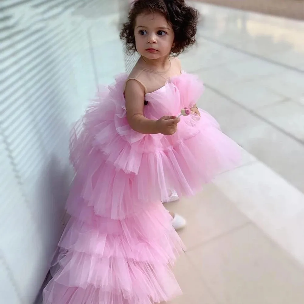 

Rose Pink Tulle Princess Puffy Flower Girl Dresses Baby Wedding Party High-Low Kid Brithday Skirt First Communion Gown Hand Made