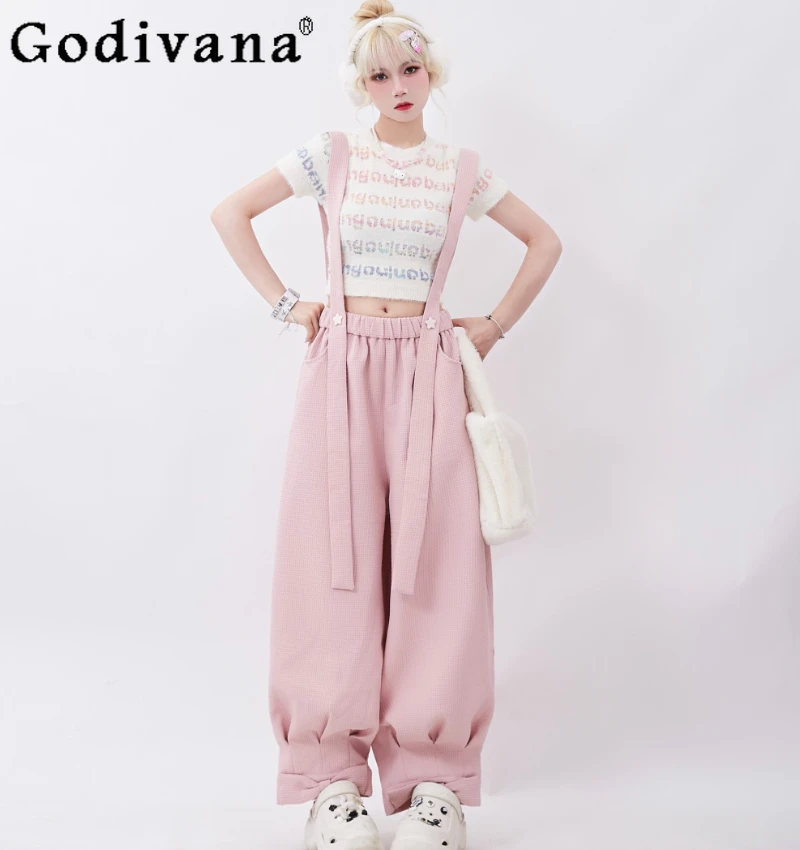 Girly Sweet Pink Cargo Pants Loose Slimming Straight Suspender Pants 2024 Summer New Fashion Butterfly Casual Pants for Women