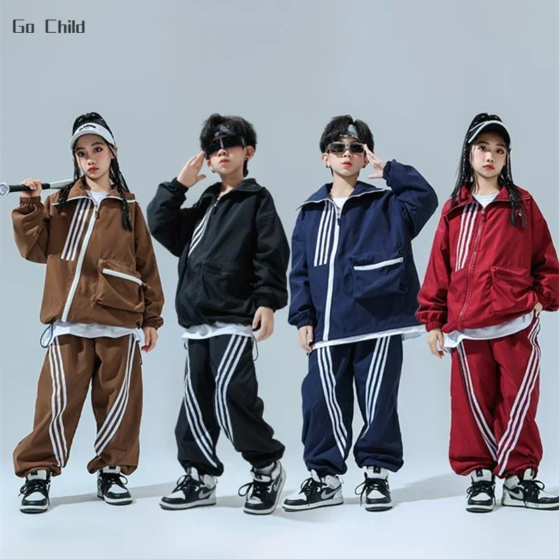 Hip Hop Girl High Collar Bomber Jacket Cargo Sport Pants Boy Street Dance Coat Streetwear Kids Jazz Outfits Child School Uniform hip hop kids outfit
