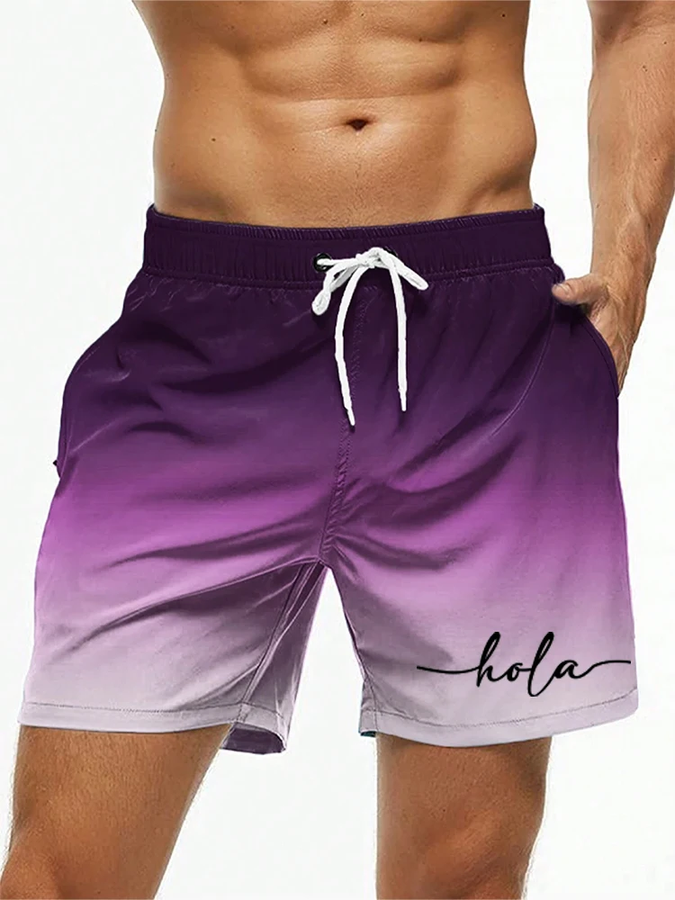 Fashion Letter Design Mens Print Shorts Summer Men's Swim Trunks Elastic Waist 3D Print ‘Hola’Graphics Gradient Breathable Short 4