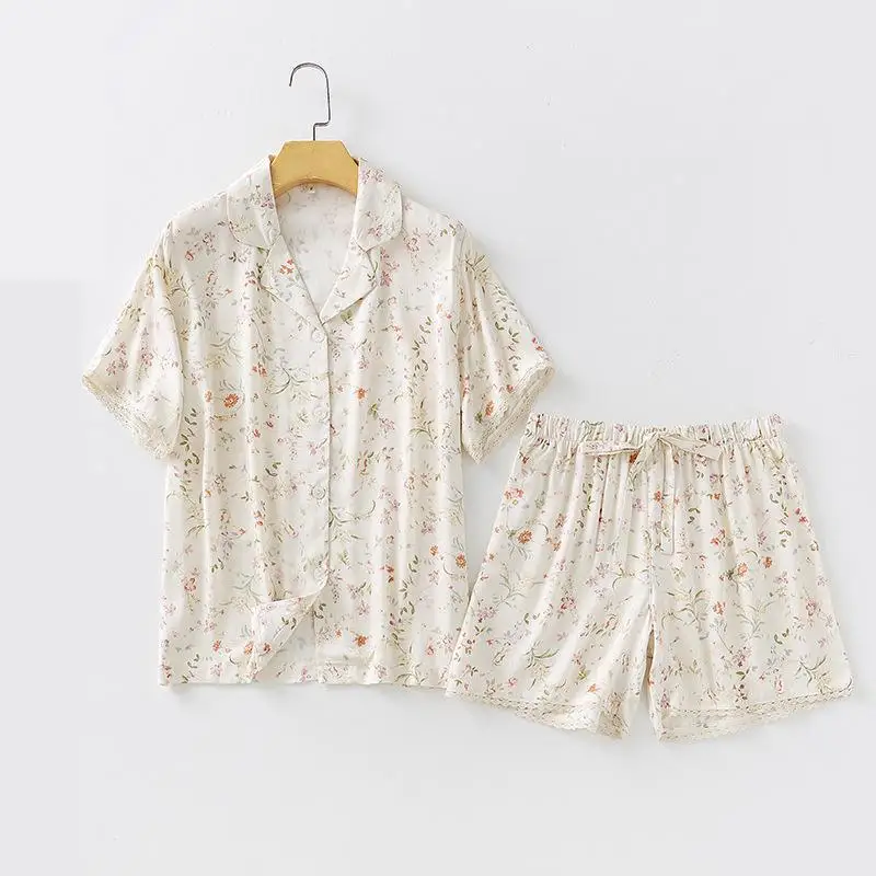 

Пижамный комплект женский из сатина и хлопка, одежда для сна с принтом, ночная рубашка с коротким рукавом и шорты, комплект из 2 предметов, летняя домашняя одежда