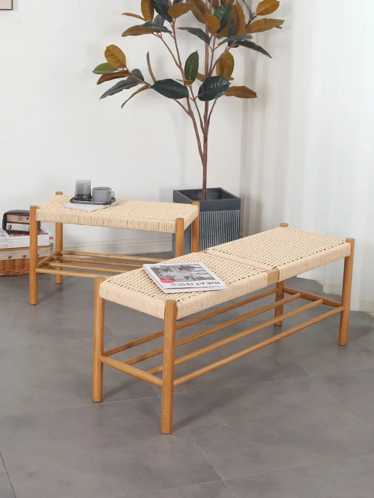 

Скандинавский стул из массива дуба для обуви, скамейка из воловьей кожи с плетеной веревкой для кровати, обеденный стул, простой и современный японский стиль