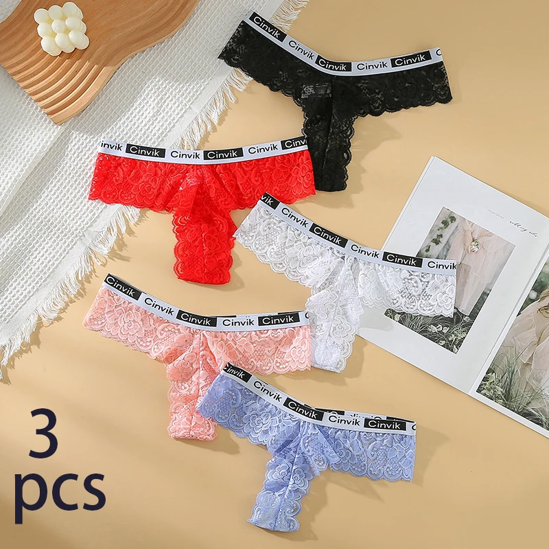 

3PCS Lace Sexy Women Thong Fashion Letter Low Waist Girl Panties Embroidered Seductive G-string Charm Hollow Breathable Lingerie