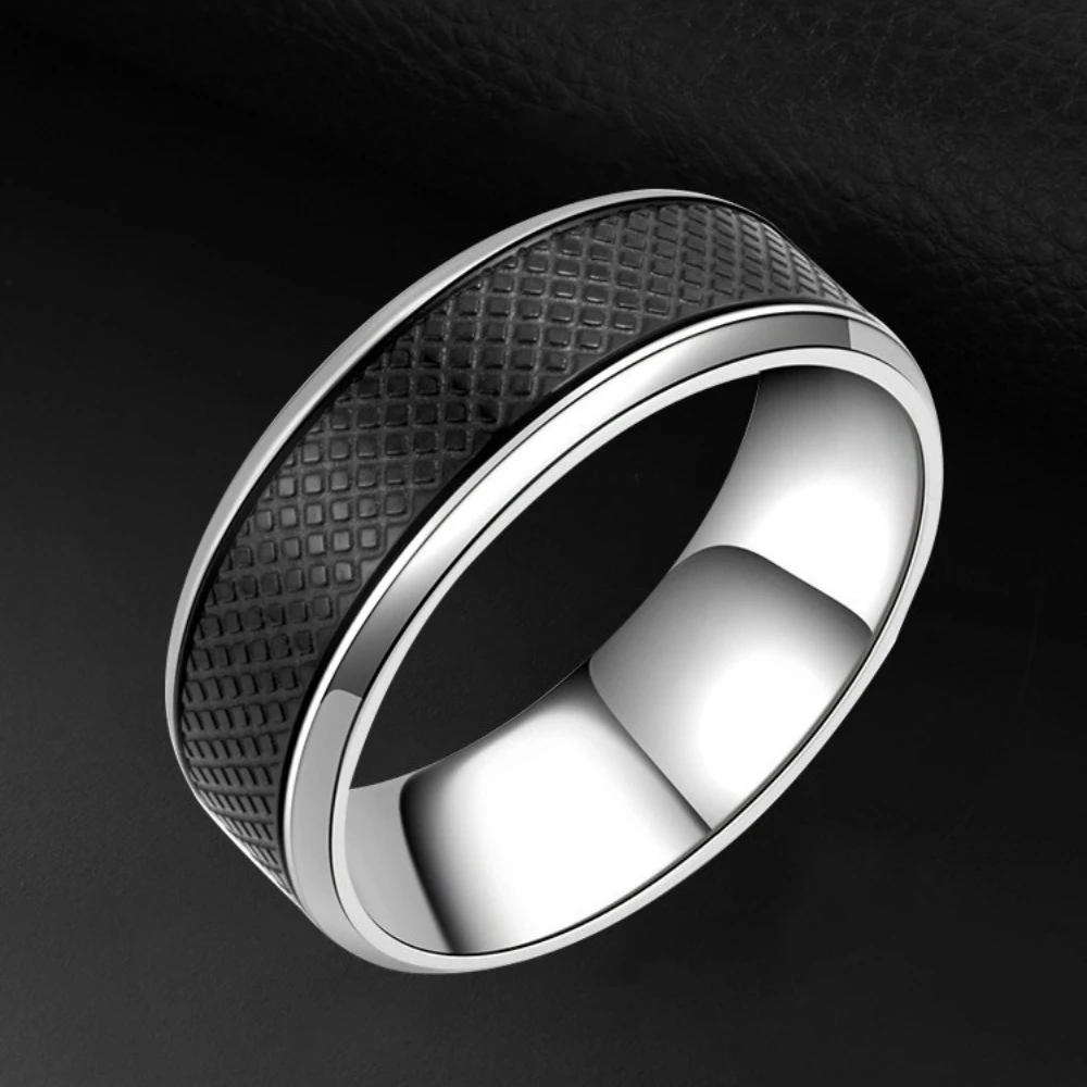 Schwarz-weiße geometrische Ringe aus Edelstahl für Herren, personalisierbar, modischer Ehering, Geschenk
