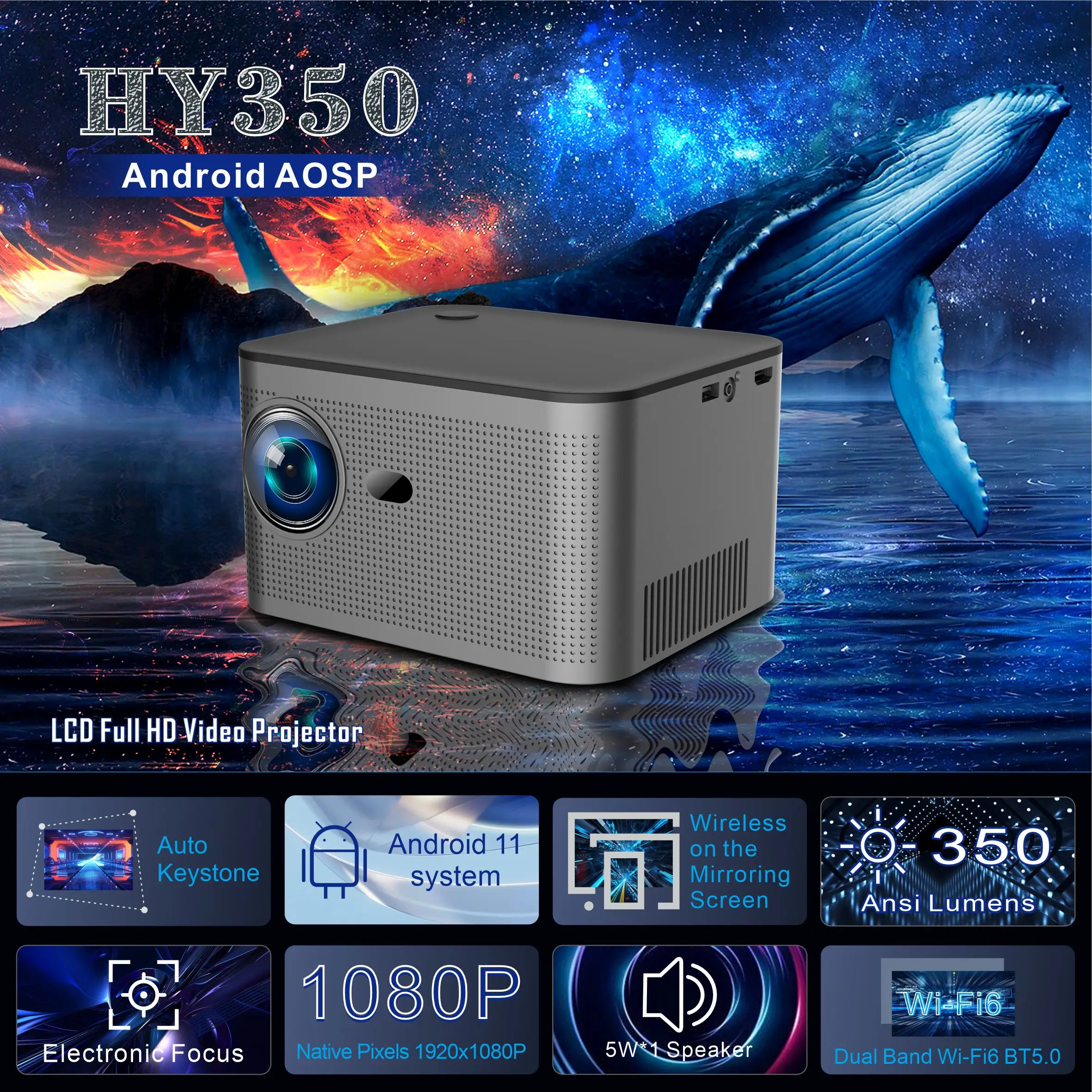 YYHC 하이 퀄리티 네이티브 프로젝터, HY350 안드로이드 버전, 1080P LCD 프로젝터, 안드로이드 11.0 H713 프로젝터, 4K, 신형 모델
