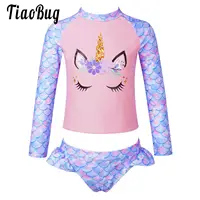 Girls Summer Printed Swimsuits Children Toddler Long Sleeve Tops Briefs Bikinis Set Bathing Suits Beachwear Swimwear 4-16 Years 1