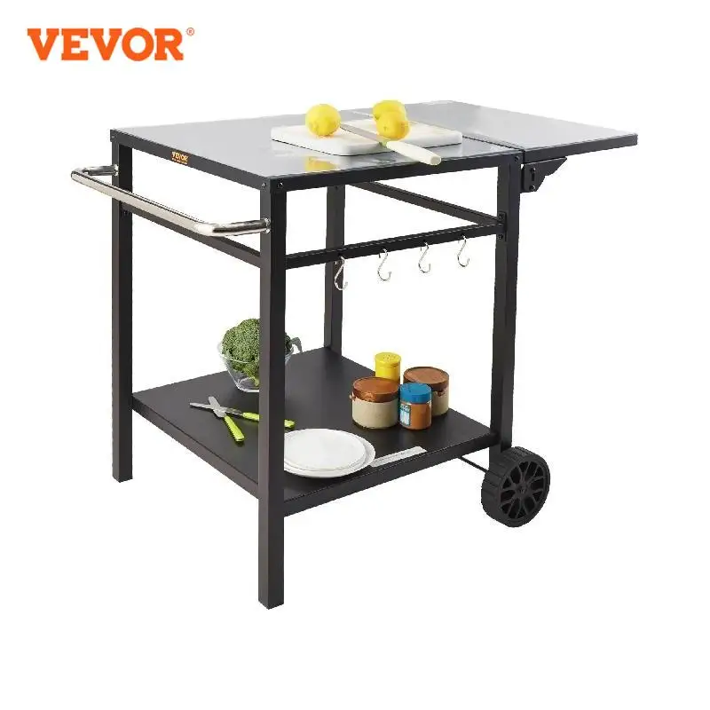 VEVOR Dining Cart Table with Double-Shelf BBQ Movable Food Prep Table Foldable Pizza Oven Stand Iron/stainless steel Table Top