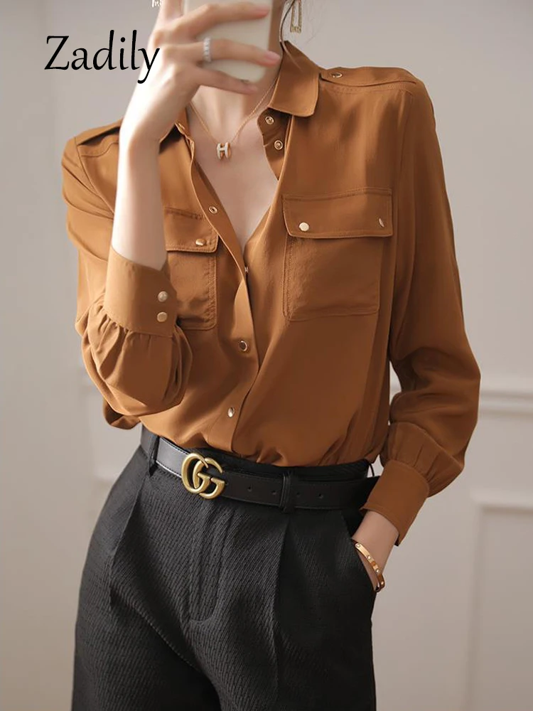 

Zadily 2023 Autumn Office Lady Long Sleeve Women Basic Shirt Korea Style Button Up Pocket Work Blouse Solid Color Clothing Tops