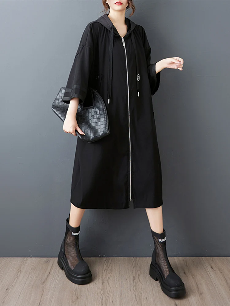 Oversized Hooded Trench Coat For Women Zipper Patchwork Pocket Casual Loose Black Vintage Outerwear Cardigan Spring Autumn 2025