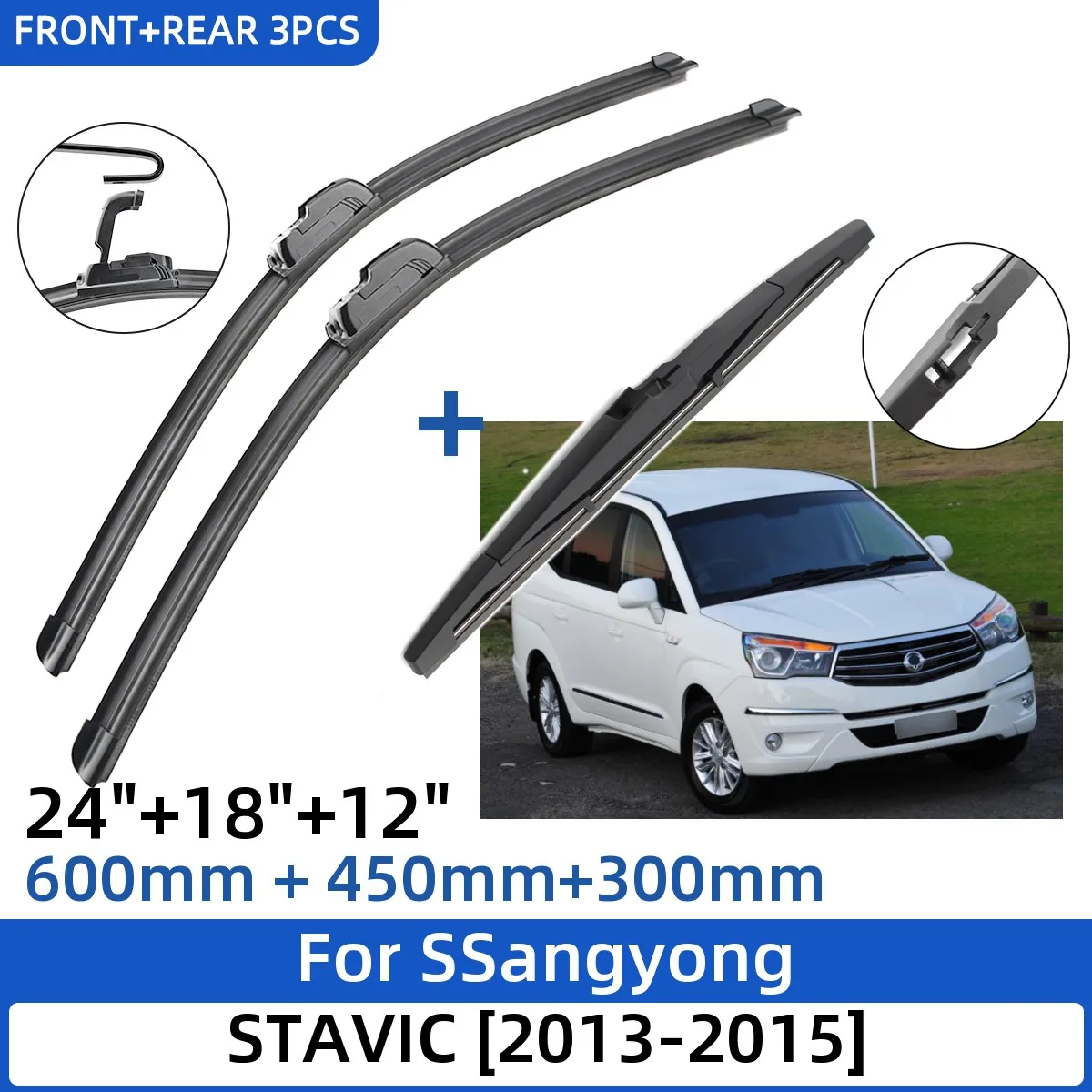 

For SSangyong STAVIC 2013-2015 24"+18"+12" Front Rear Wiper Blades Brushes Cutter Accessories 2013 2014 2015