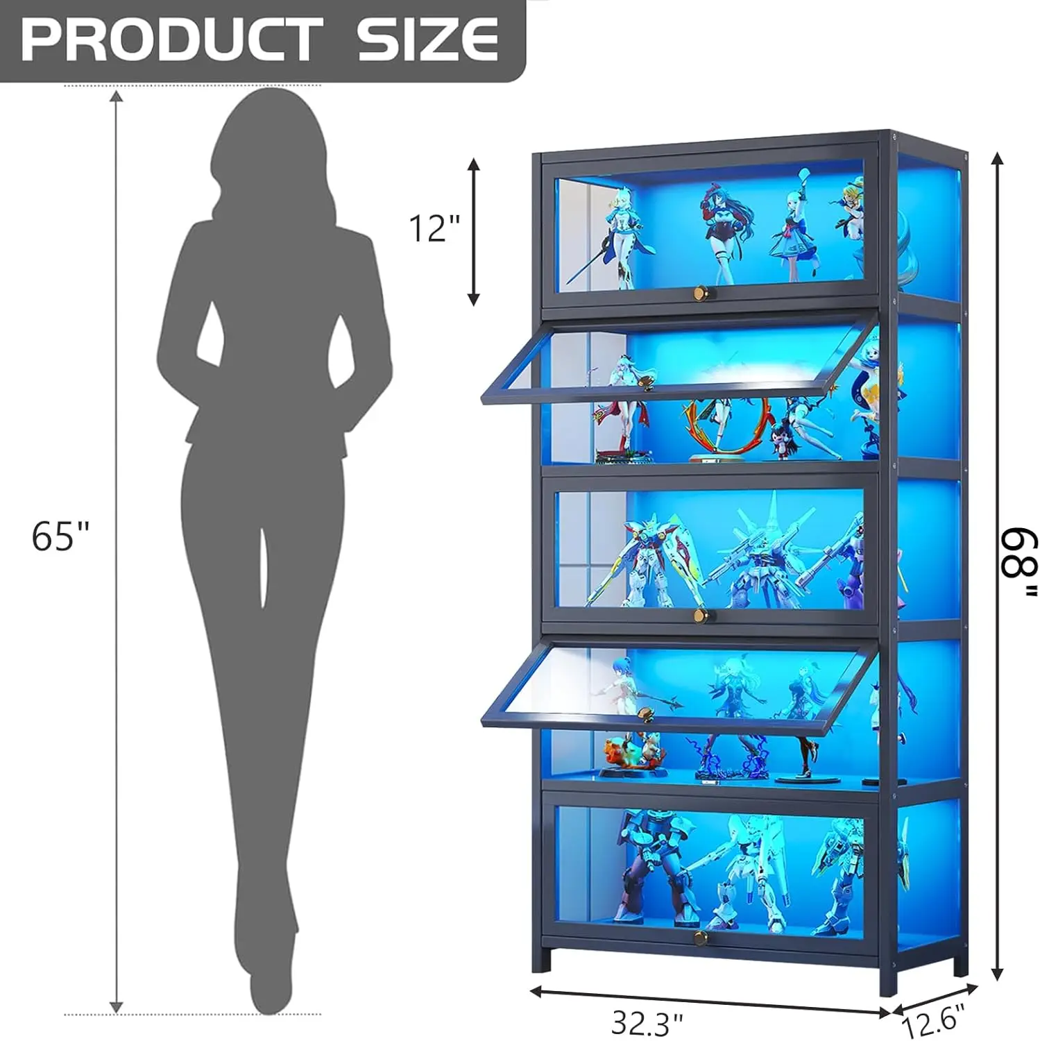 5-Tier Display Cabinet with Acrylic Glass Doors, Display Cases for Collectibles, Toy Organizers Rack & Kids Bookcase