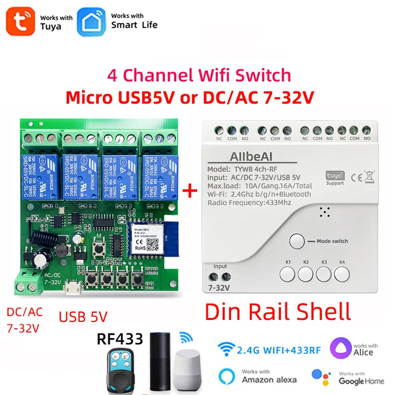 Smart Switch Smart Switch Module Smart Sensor Module 4CH Tuya Smart Wifi Motor Switch Module,DC 12V 24V 32V,RF433 Radio Remote Control,4 Channel Inching Relay,Alexa GoogleHome Alice