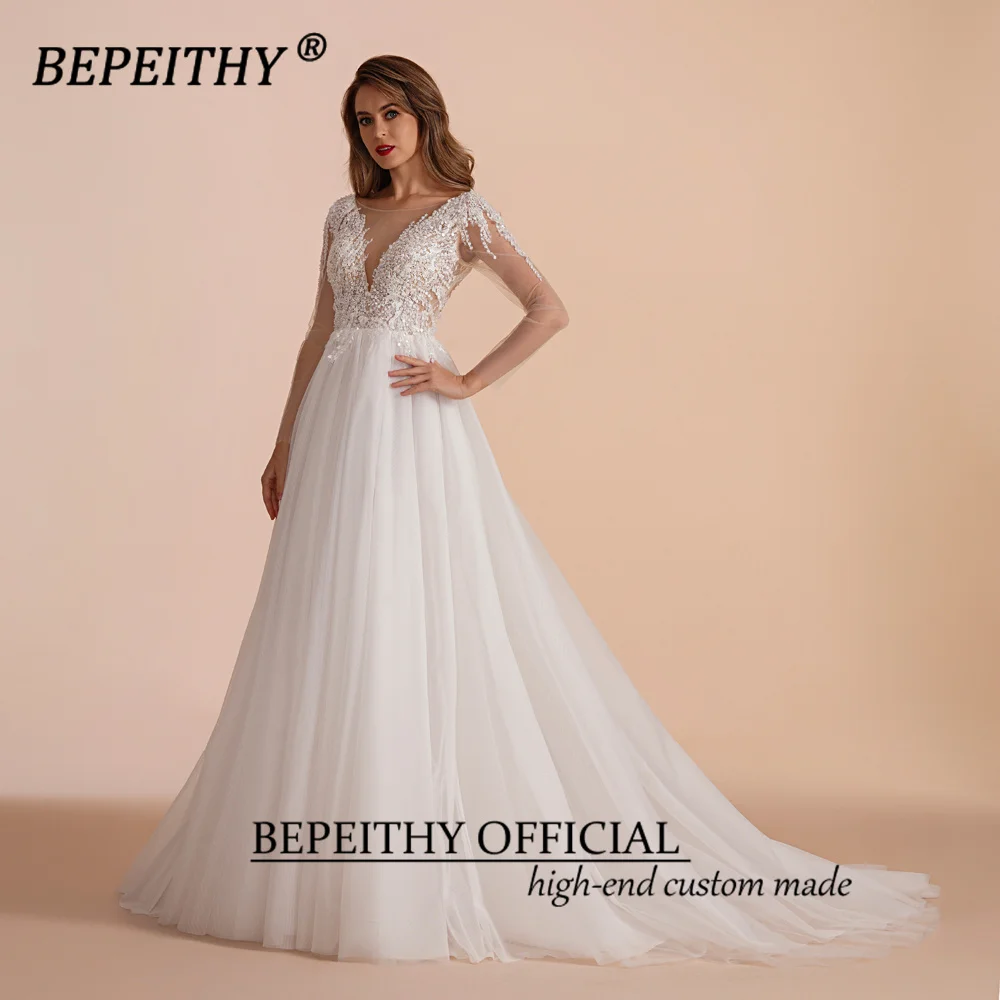 BEPEITHY Customized Scoop Long Sleeves Beading Bodice Wedding Dresses 2023 For Women Bride A Line Floor Length Bridal Party Gown 4