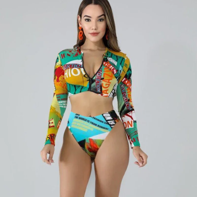 

2024 Fashion Separates Sexy Bikini Women's Long Sleeve Zipper Printed Multicolor High Waist Print Summer Beach 2piece Swimsuit