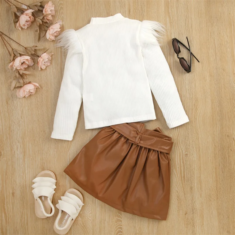 Kids Girls Autumn Clothes Set Baby Solid Color Feather Trim Long Sleeve Knit Tops + PU Leather Belted Skirt Children Outfit kids clothing set girls clothing set 1-6Y