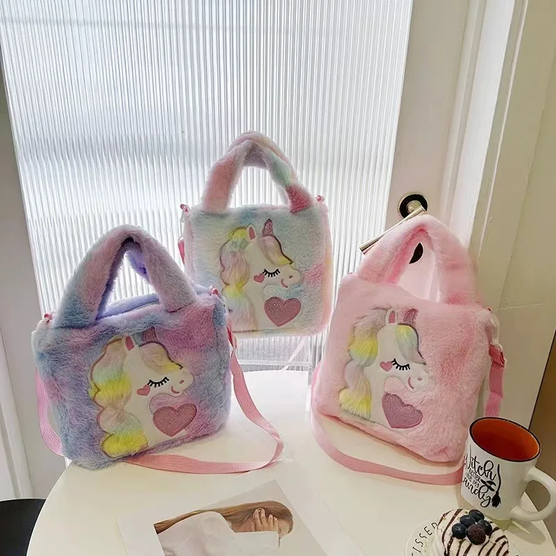 Kids Bags Shoulder Bags Cartoon Embroidered Plush One Shoulder Bag Cute Girl Children's Handbag Unicorn Girl Crossbody Bag Spot