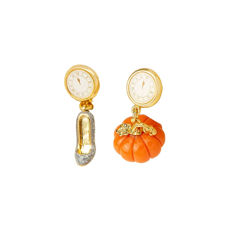 Halloween Pumpkin Glass Slipper Enamel Earrings Creative Clock Earrings Studs Women's Pendant Niche Personality