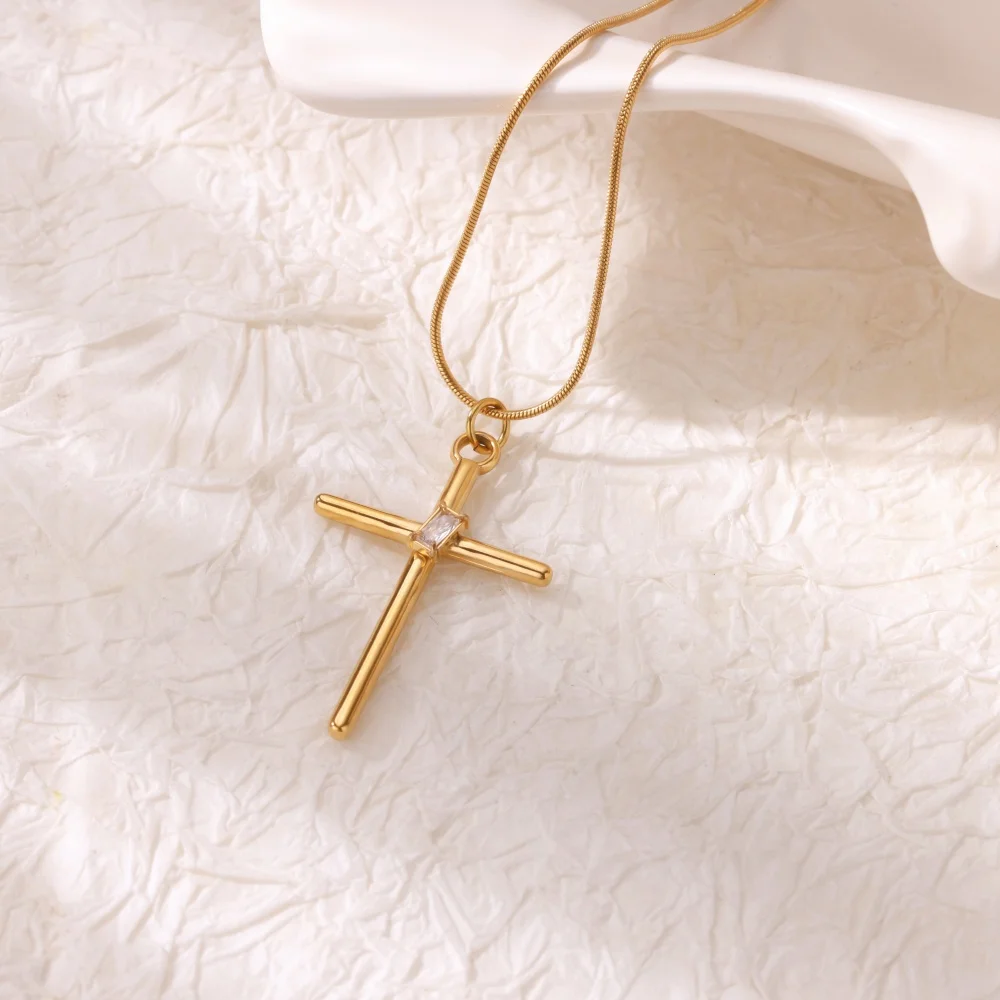 Stainless Steel Zircon Cross Pendant Necklace for Men Women Minimalist