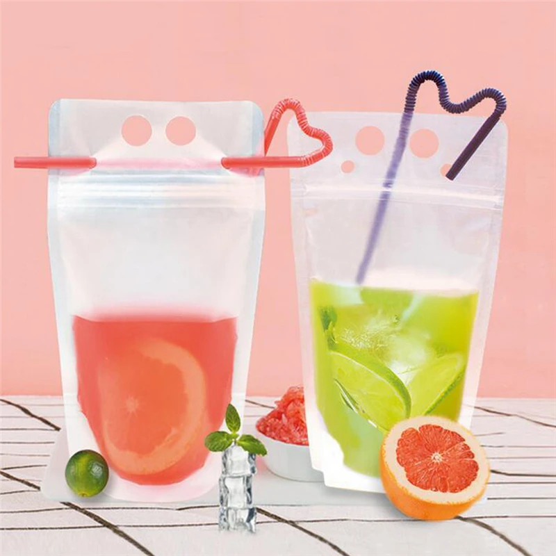 

100PCS Clear Drink Pouches Bags Zipper Stand-up Plastic Drinking Bag with Straw Reclosable Heat-Proof Juice Coffee Liquid