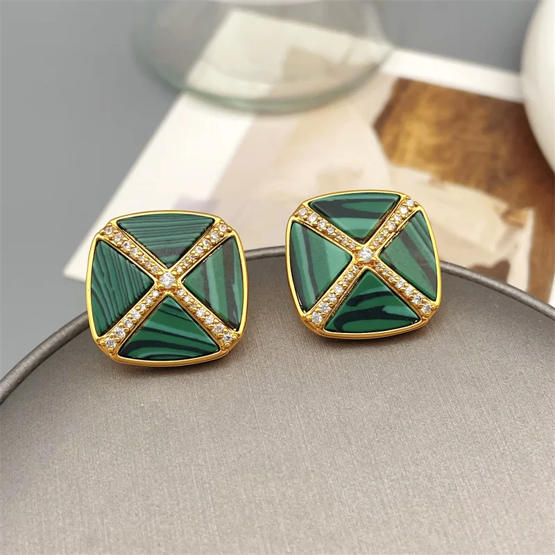 

European And American Retro Style Geometric Mosaic Zircon Green Malachite Stud Earrings For Women Fashion Exquisite Earrings
