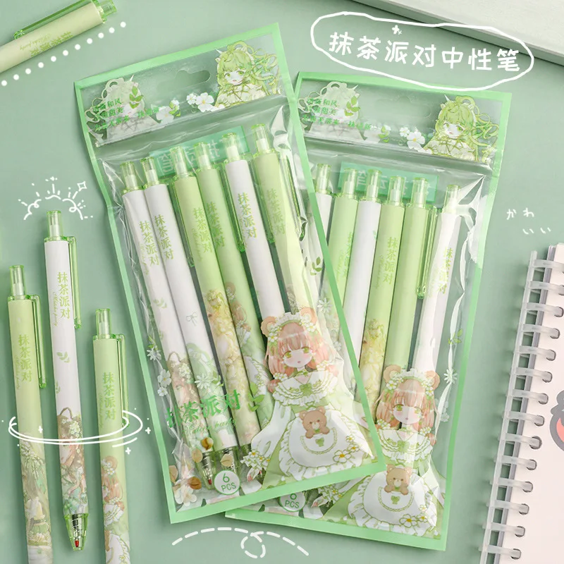 

CHEN LIN 6Pcs Small Fresh Press Gel Pen Matcha Party Style 0.5mm Black Ink Signature Pen Office School Writing Student Supplies